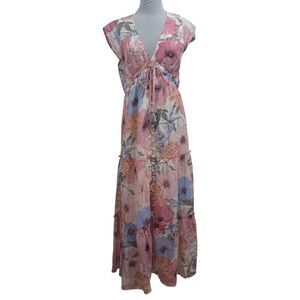 Lovestitch Andie Boho Romantic Feminine Tiered Floral Maxi Dress Large Ivory/Nat